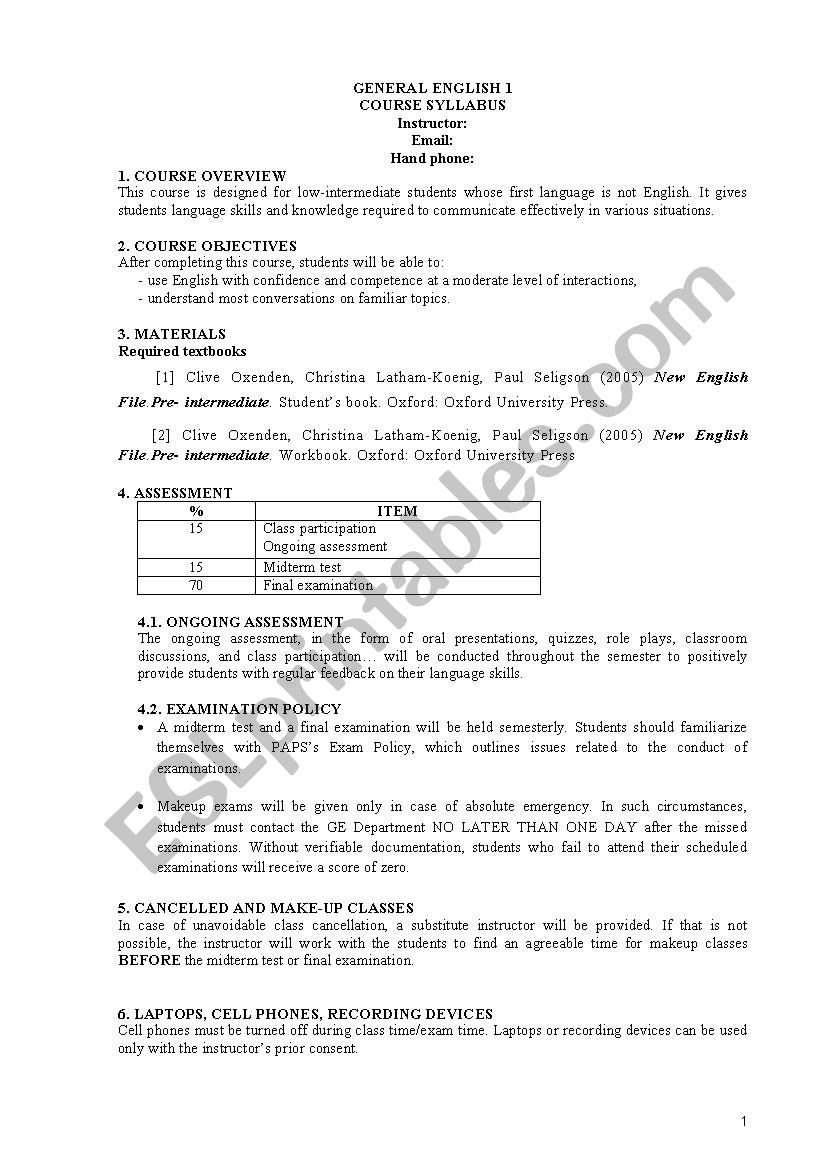 course syllabus new english file