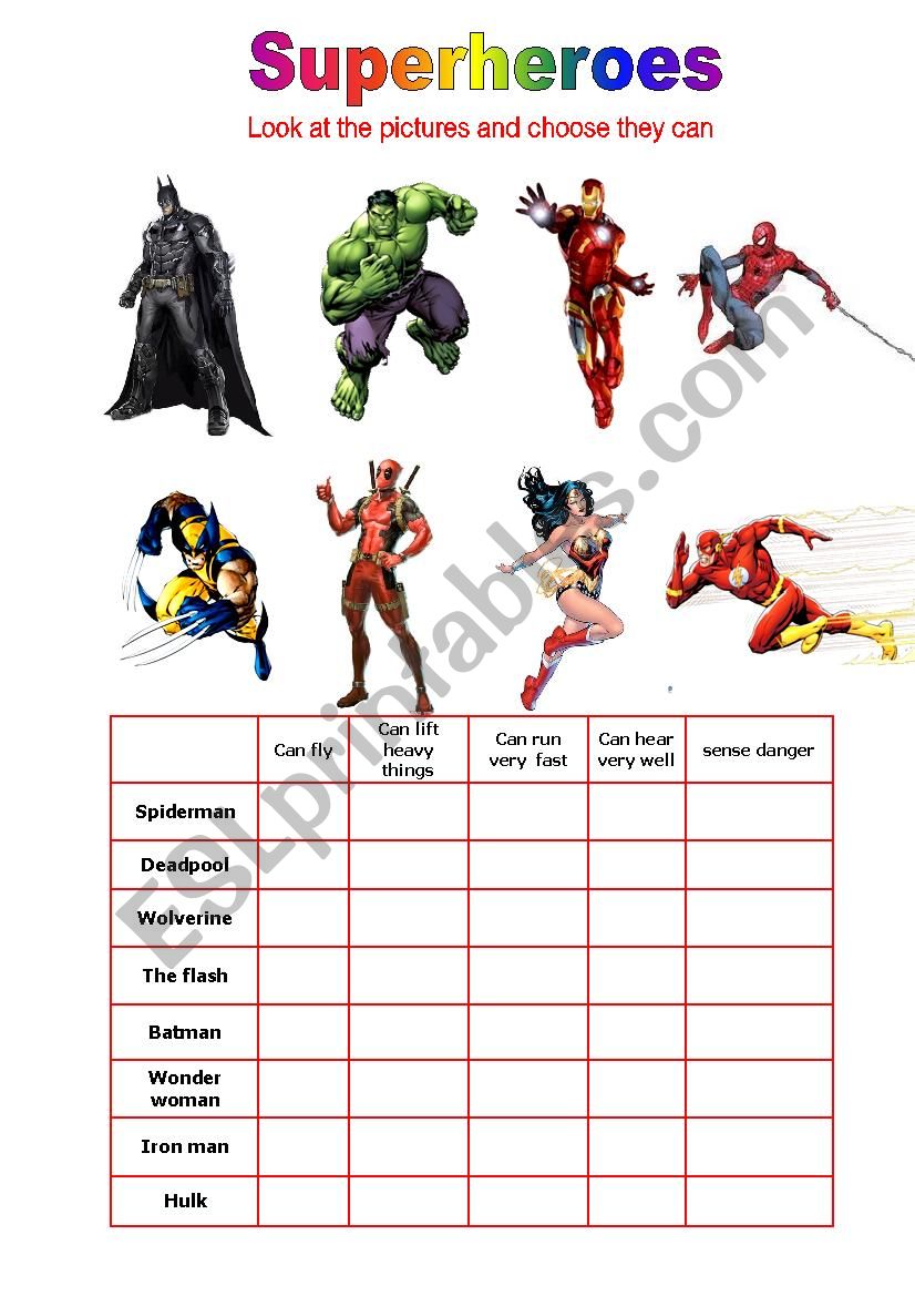 Superheroes can they worksheet