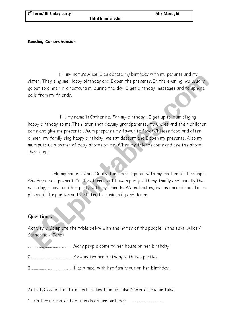 birthday party worksheet