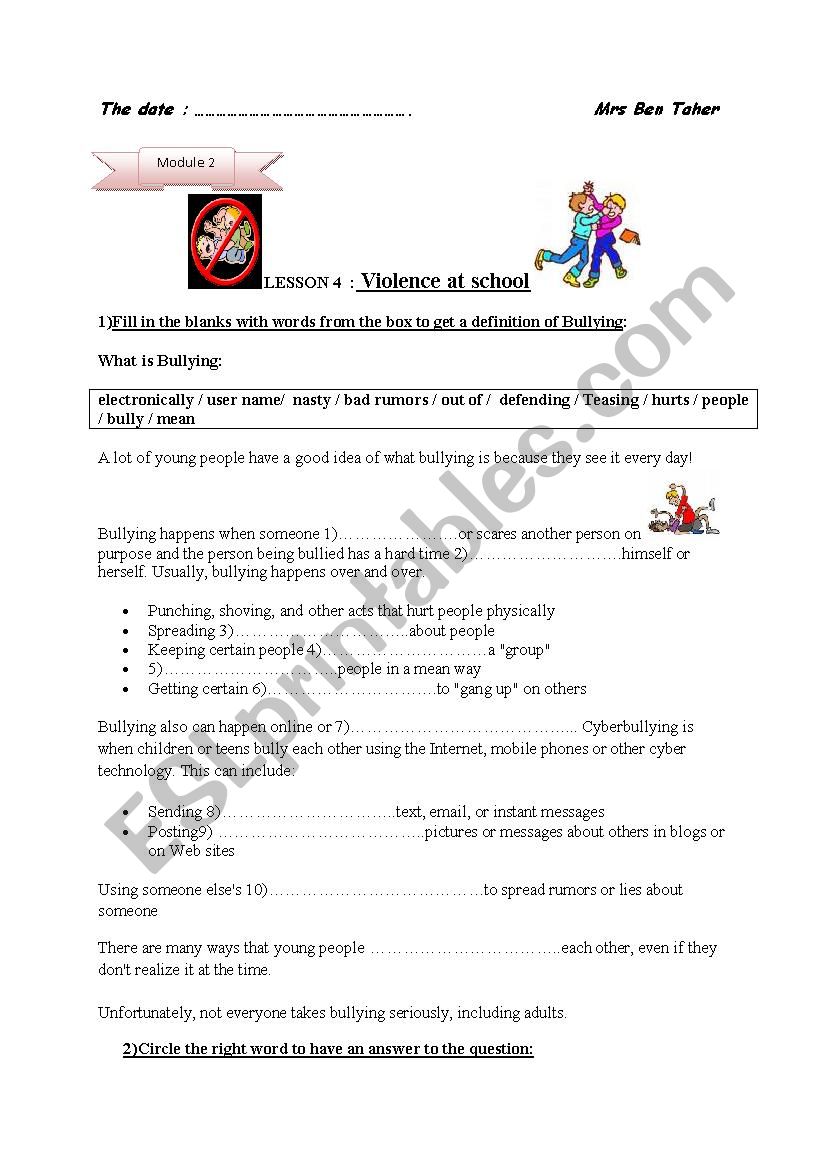 violence at school worksheet