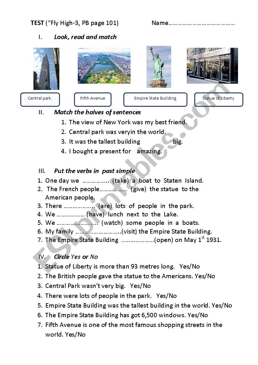 A week in New York. Test  worksheet