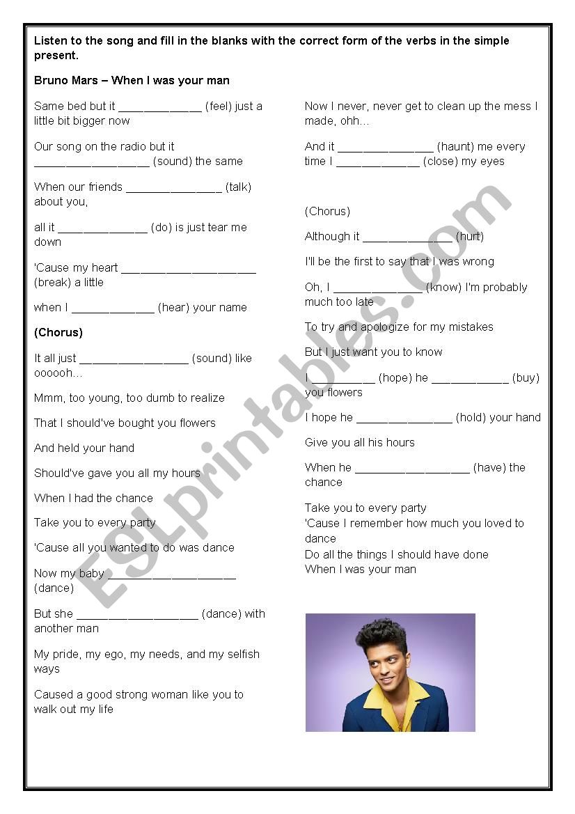 Worksheet - When I was your man - Brunos Mars 