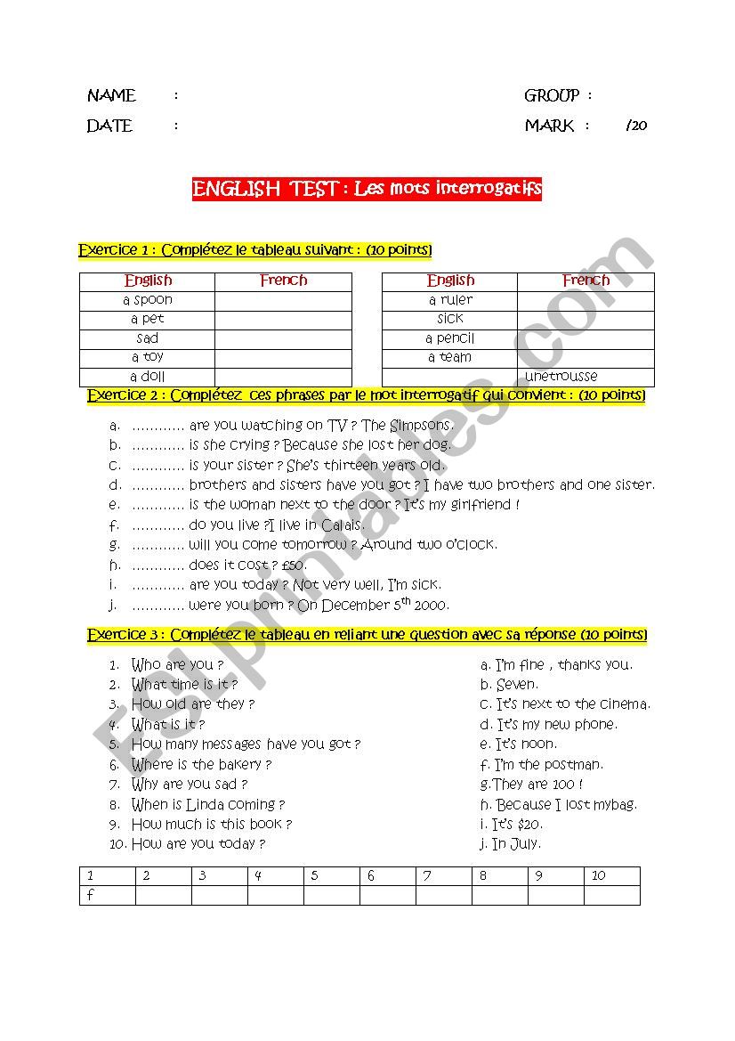 question words test worksheet