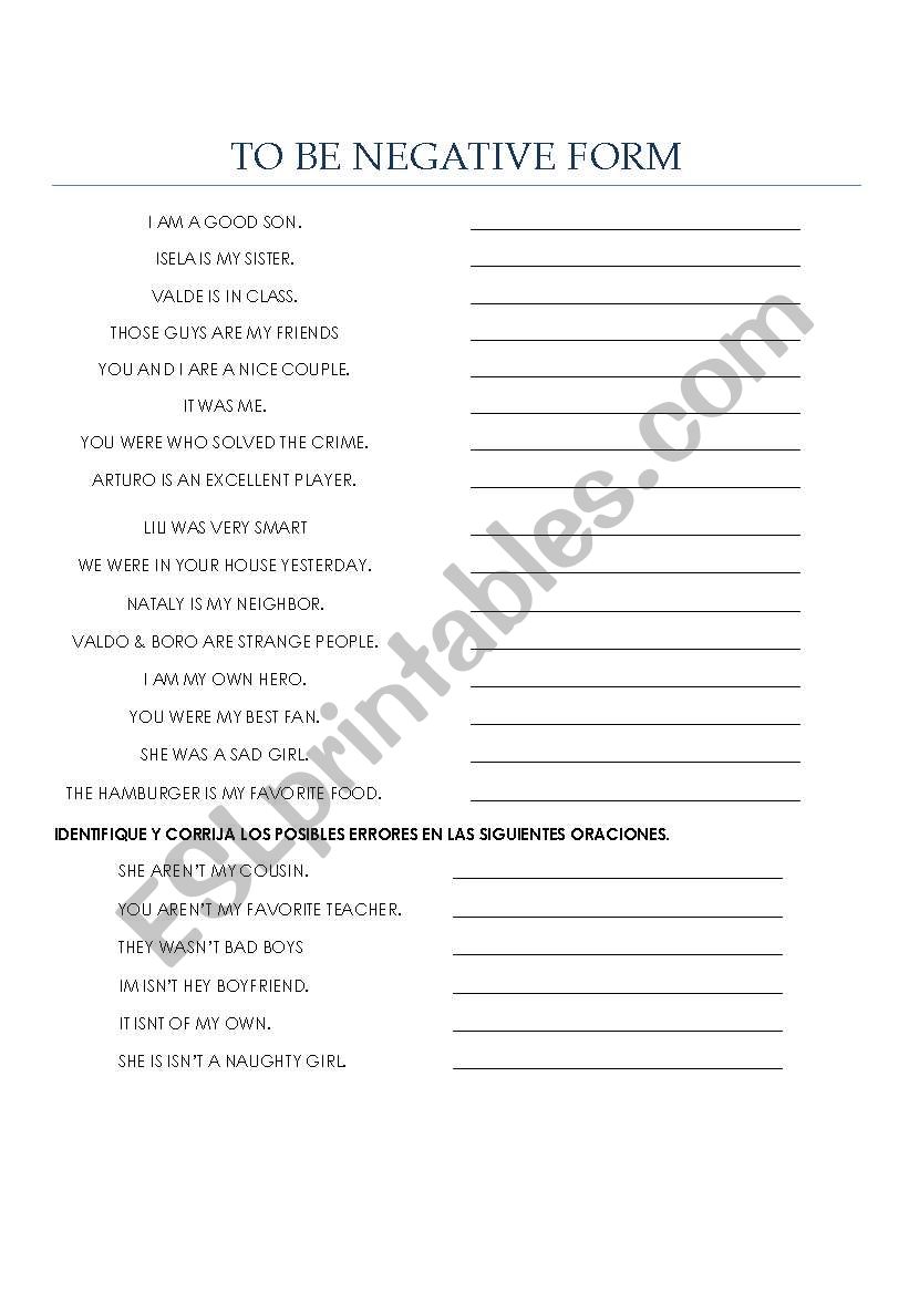 to be negative form worksheet