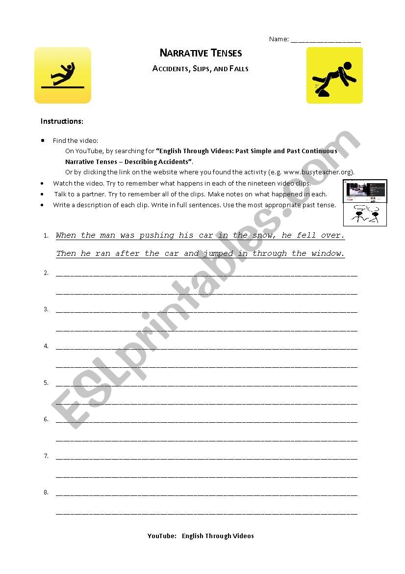 Past Simple and Past Continuous Video Activity - Describing accidents, slips, and falls