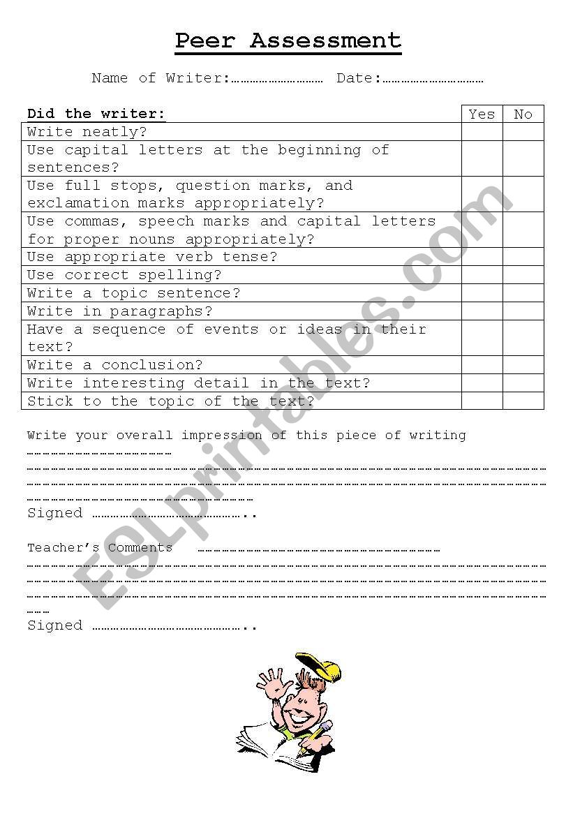 Peer Assessment of Writing worksheet