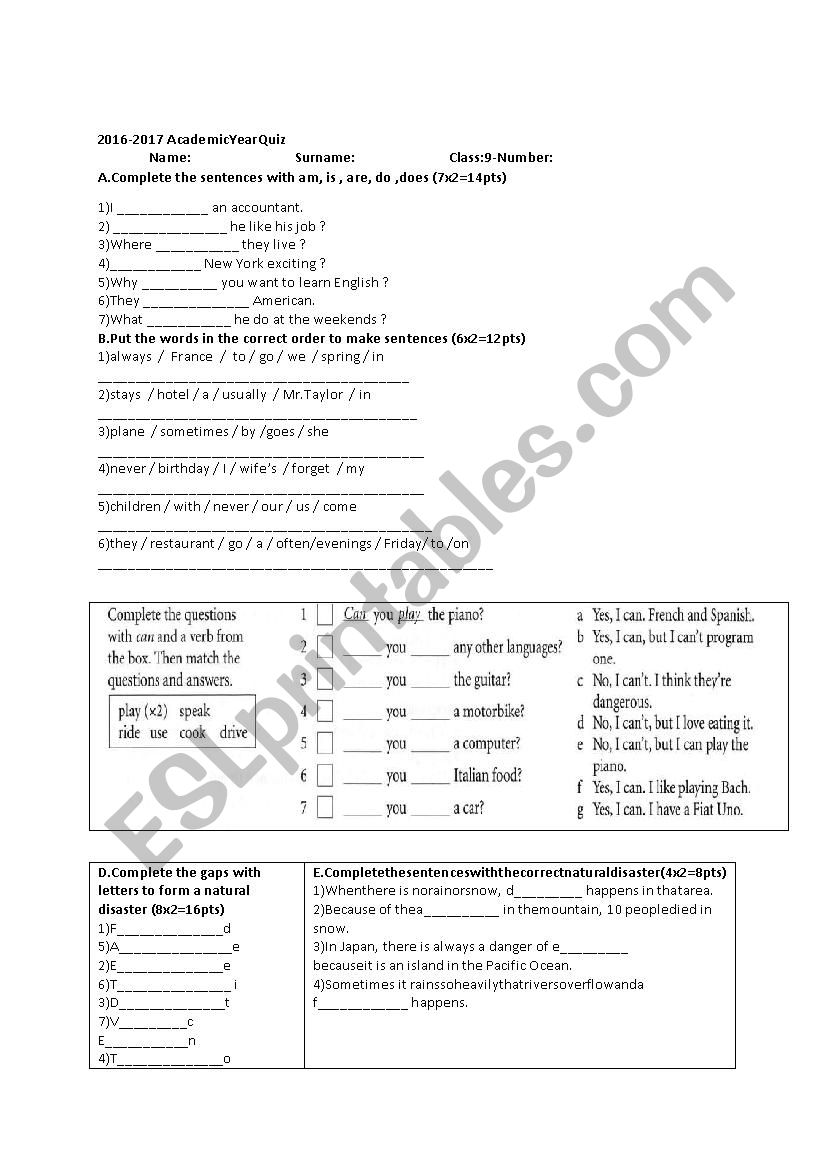 Quiz for 9th grades worksheet