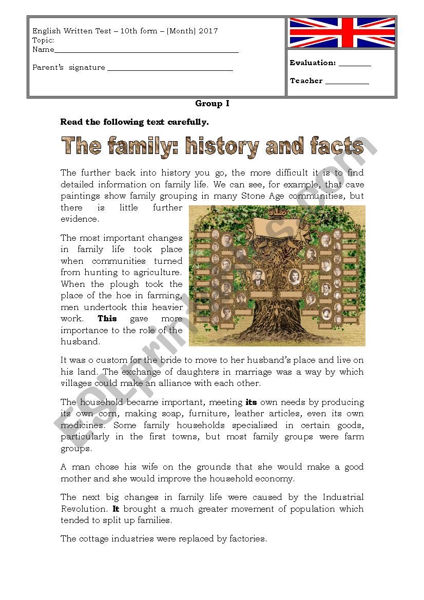 The family; history and facts worksheet