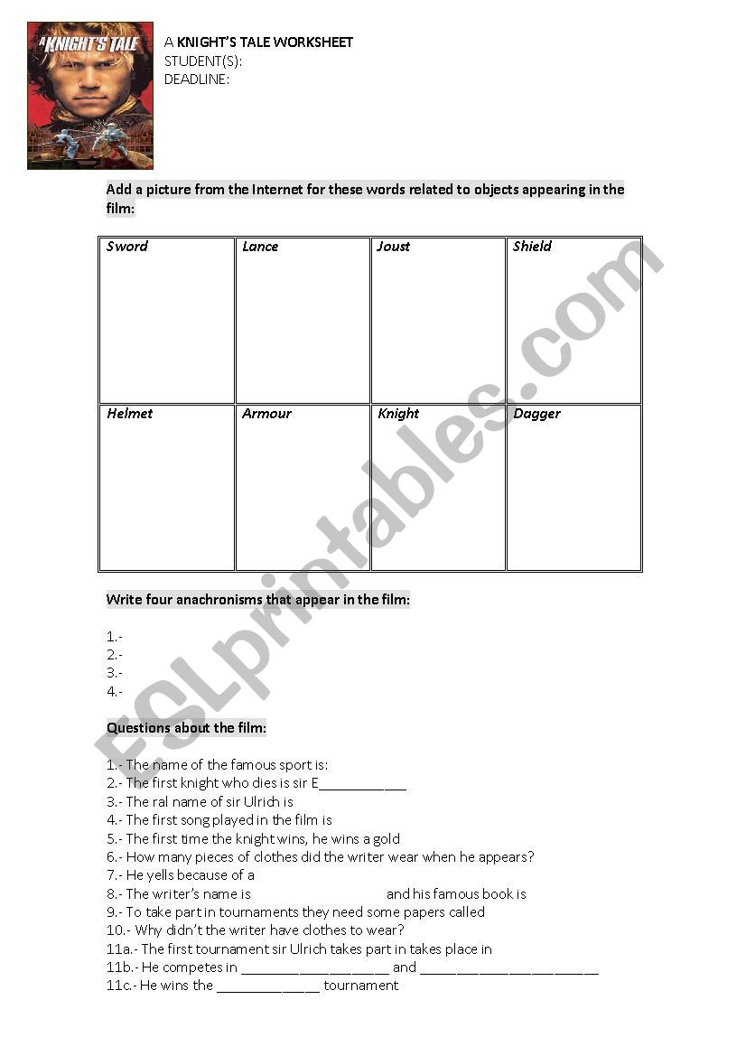 A KnightÂ´s Tale worksheet