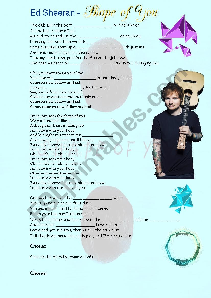 Ed Sheeran Shape of You worksheet