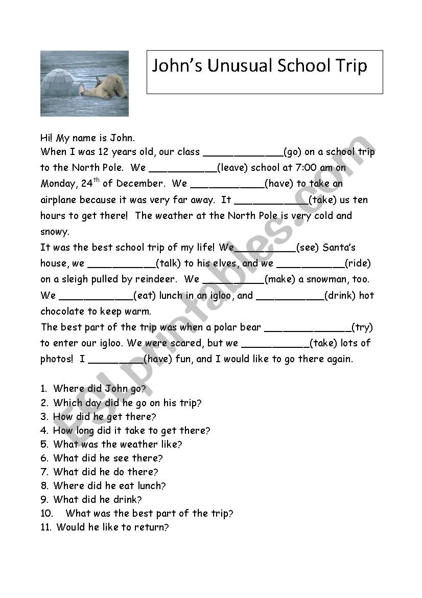 Johns Unusual School Trip worksheet