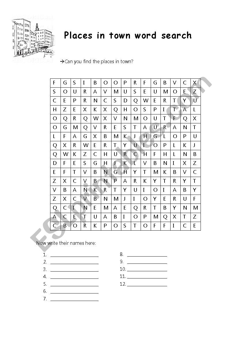 Places in Town Wordsearch worksheet