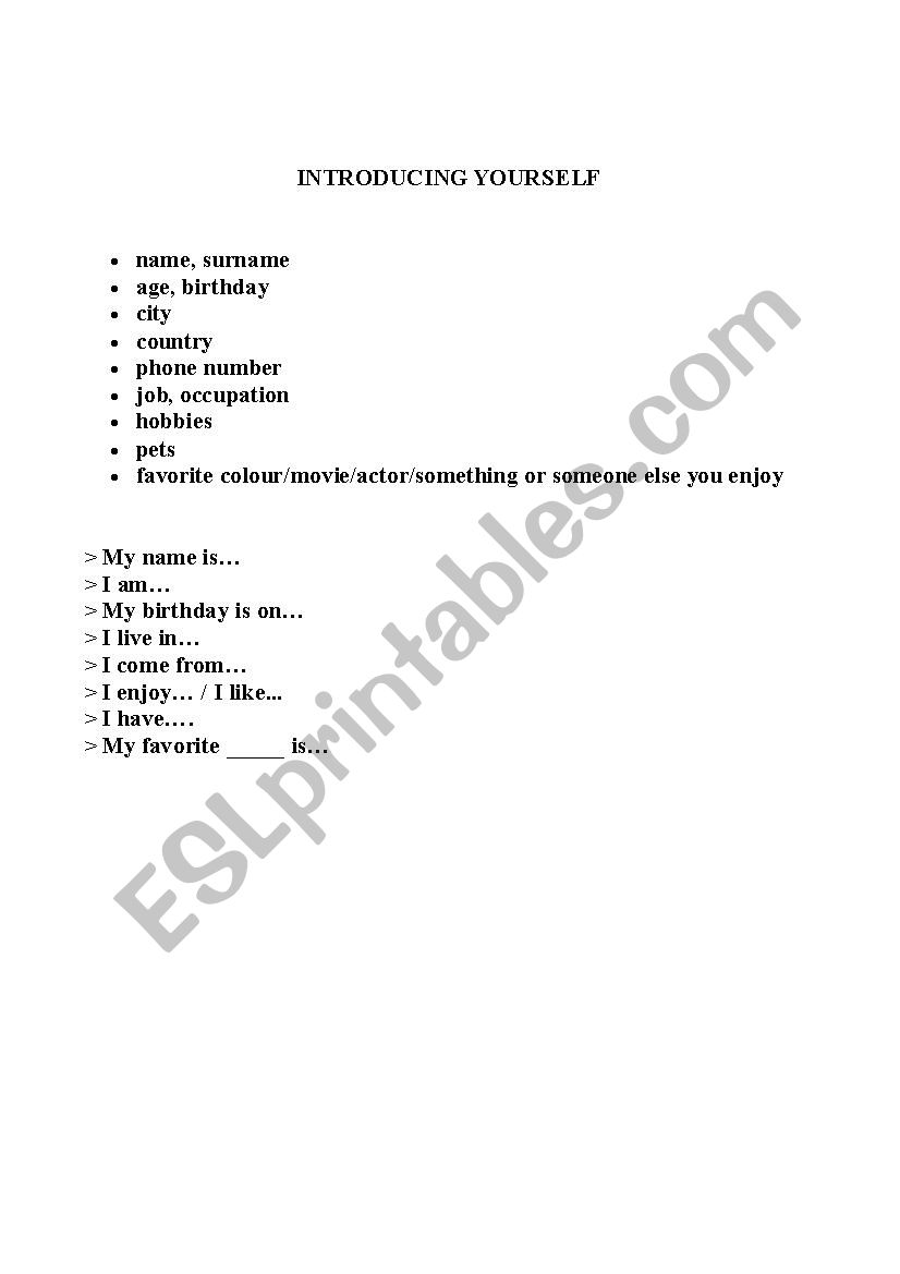 Introducing yourself worksheet