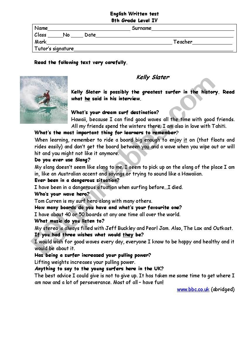 Kelly Slater worksheet