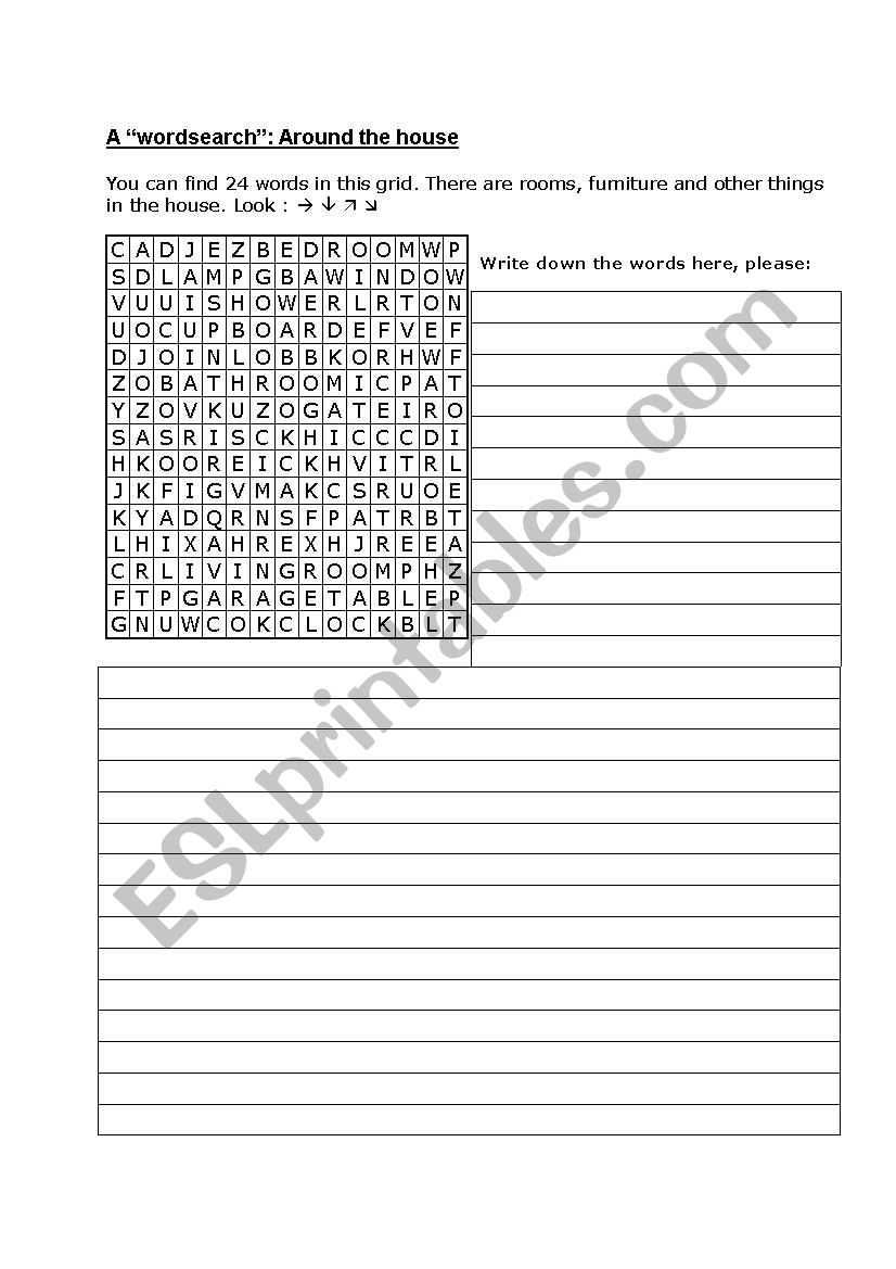 Wordsearch Around the house worksheet
