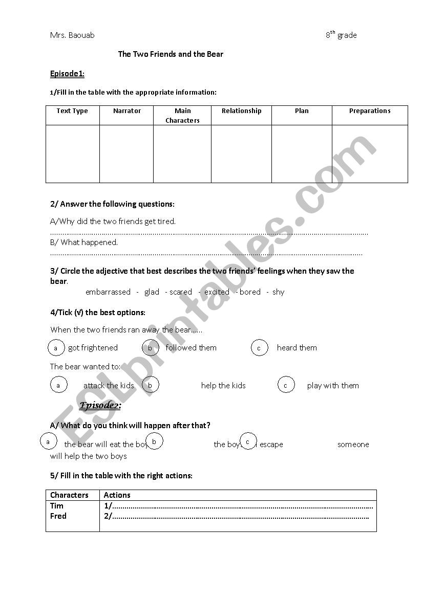 the two friends and the bear worksheet