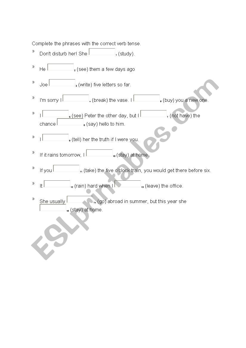 Complete the phrases with the correct verb tense