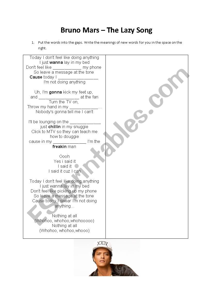Bruno Mars The LAzy song worksheet