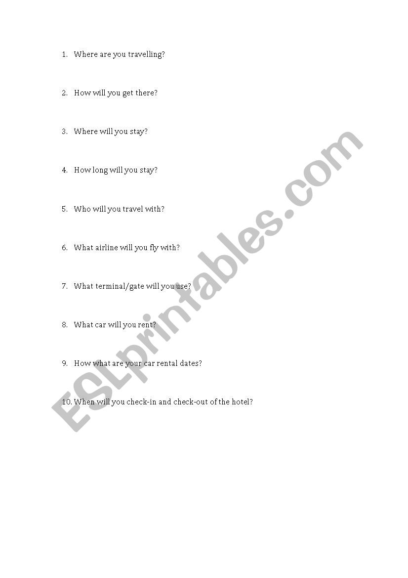 Travel Itinerary Questions worksheet