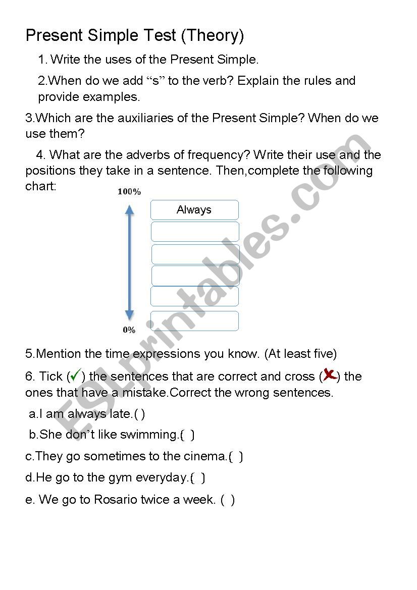 Present Simple Test (theory) worksheet
