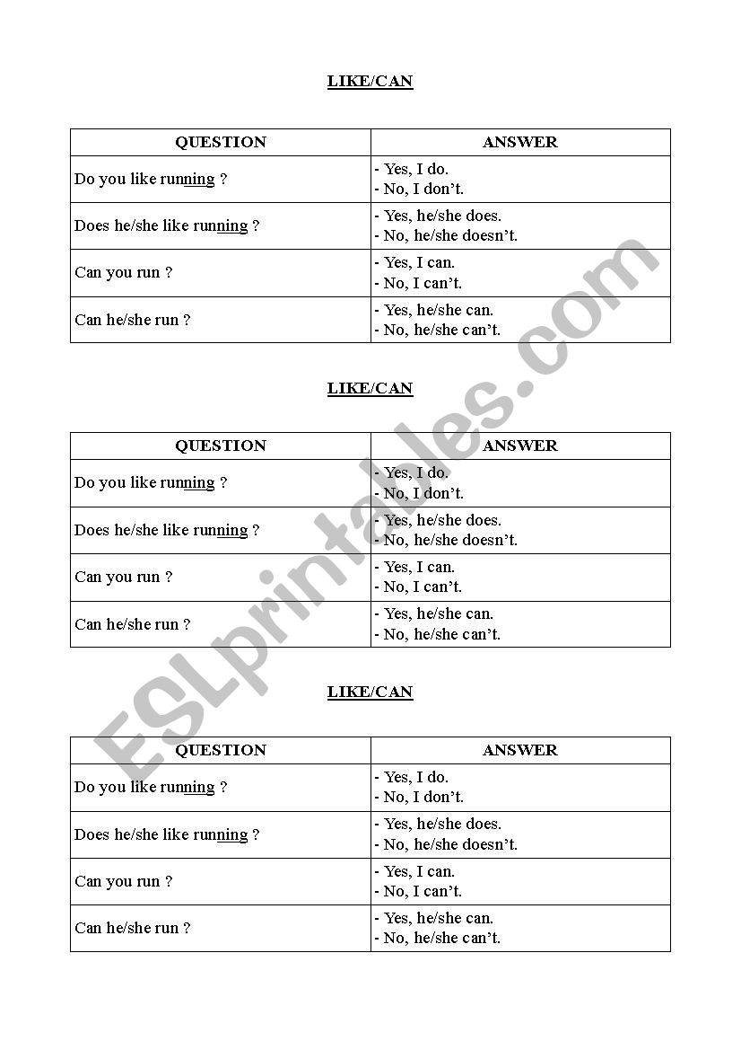 Like/Can lesson worksheet