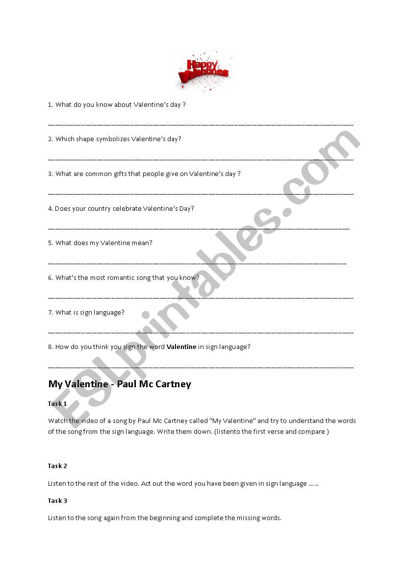  VALENTINE BY PAUL Mc CARTNEY worksheet