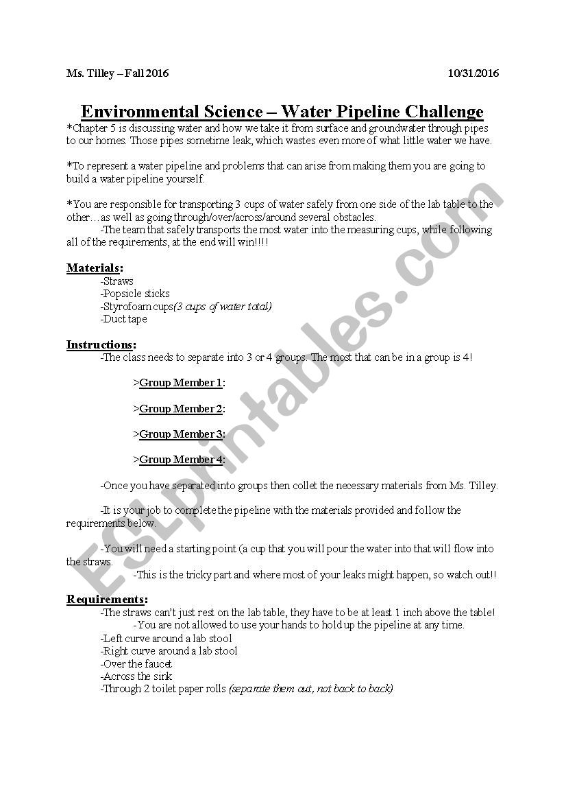 Water Pipeline Challenge worksheet