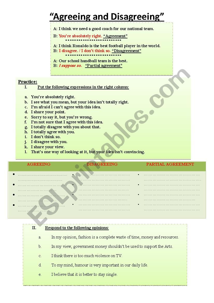 Agreeing and disagreeing worksheet