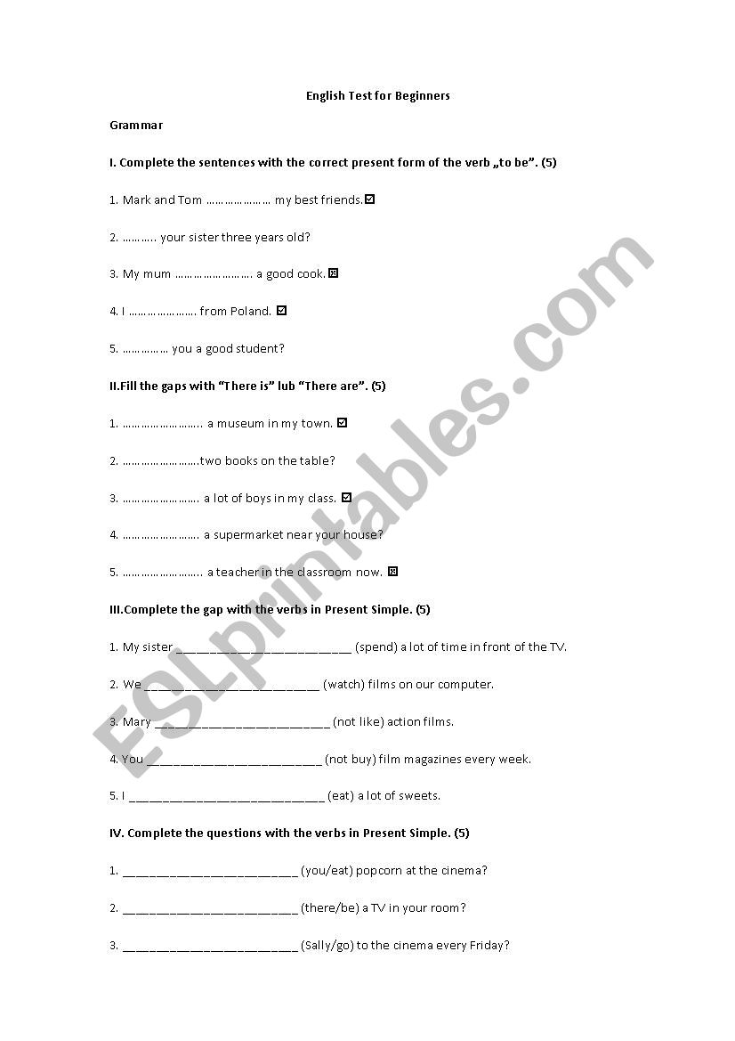 English Test for Beginners worksheet