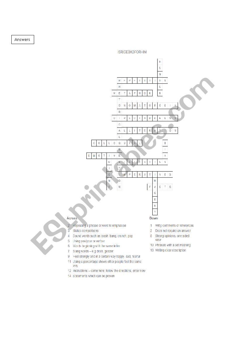 Language Techniques crossword & answer key