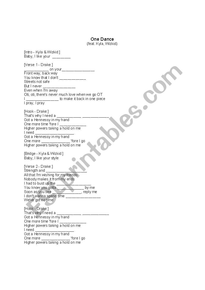 One Dance Worksheet worksheet