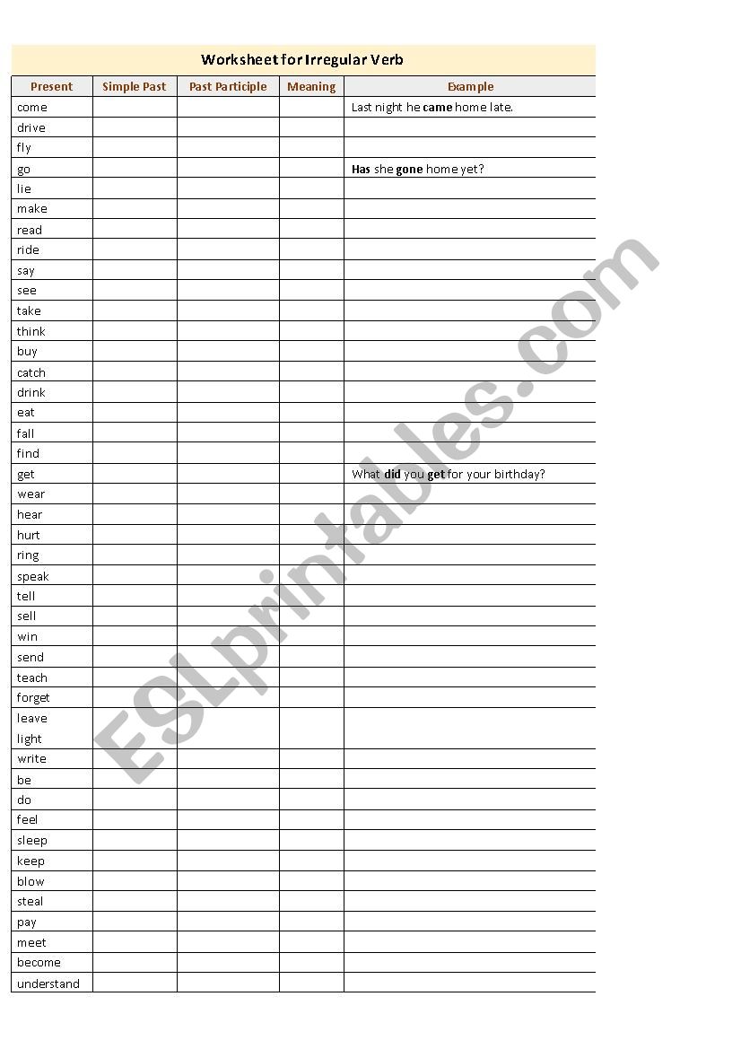 Irregular Verb worksheet