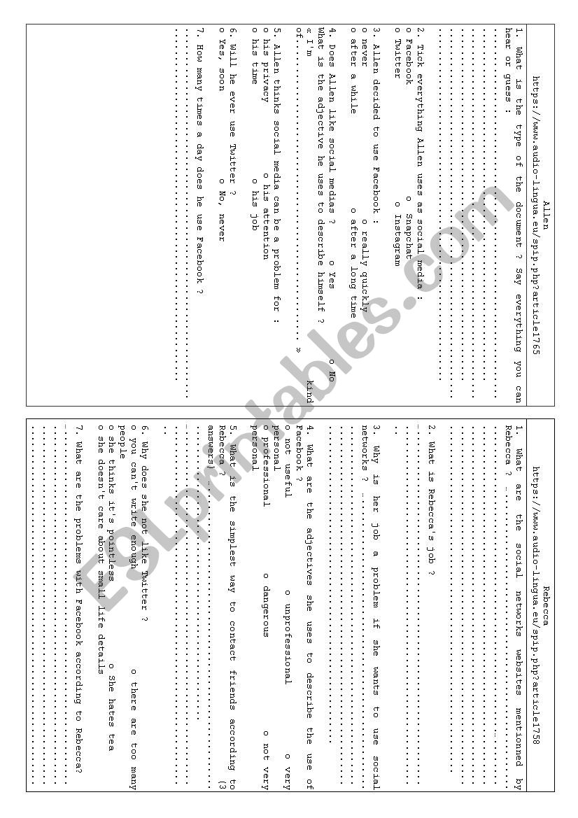 Oral Comprehension - Facebook worksheet