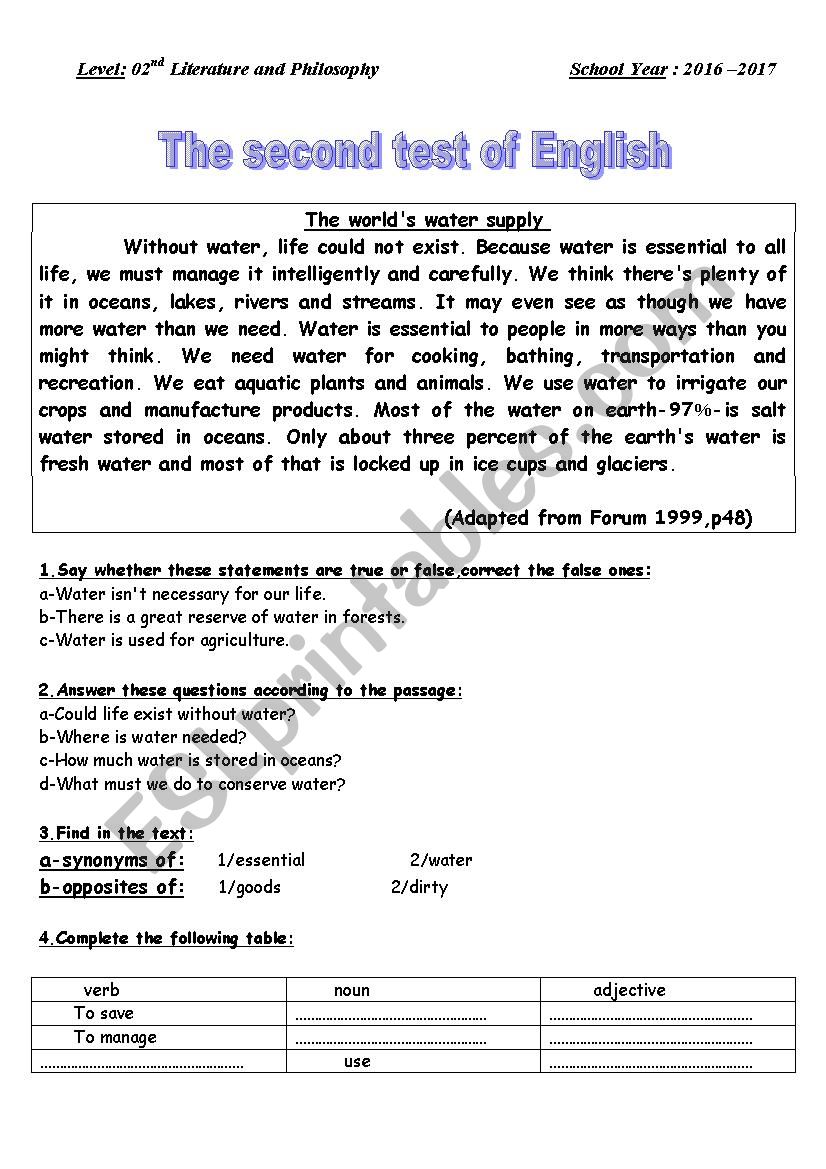 water worksheet