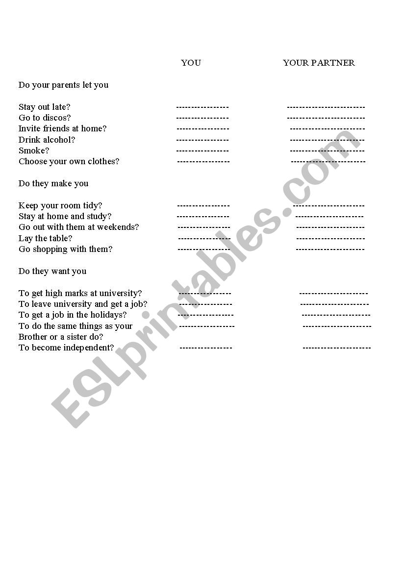 Infinitive Class survey worksheet