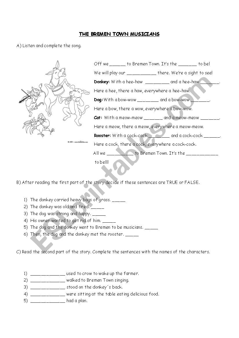 The Bremen Town Musicians worksheet