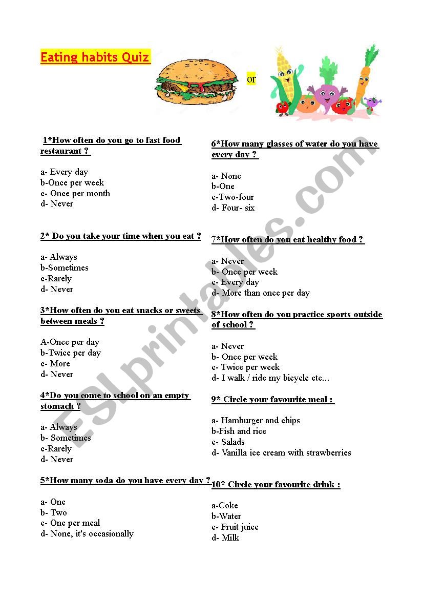 Eating habits quiz worksheet