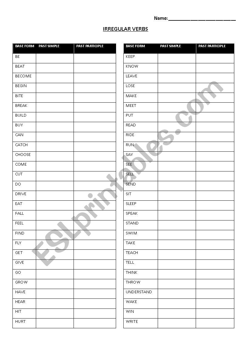 Irregular verbs with key worksheet