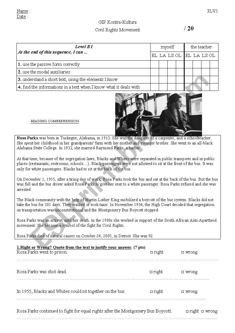 Rosa Parks Reading Comprehension test