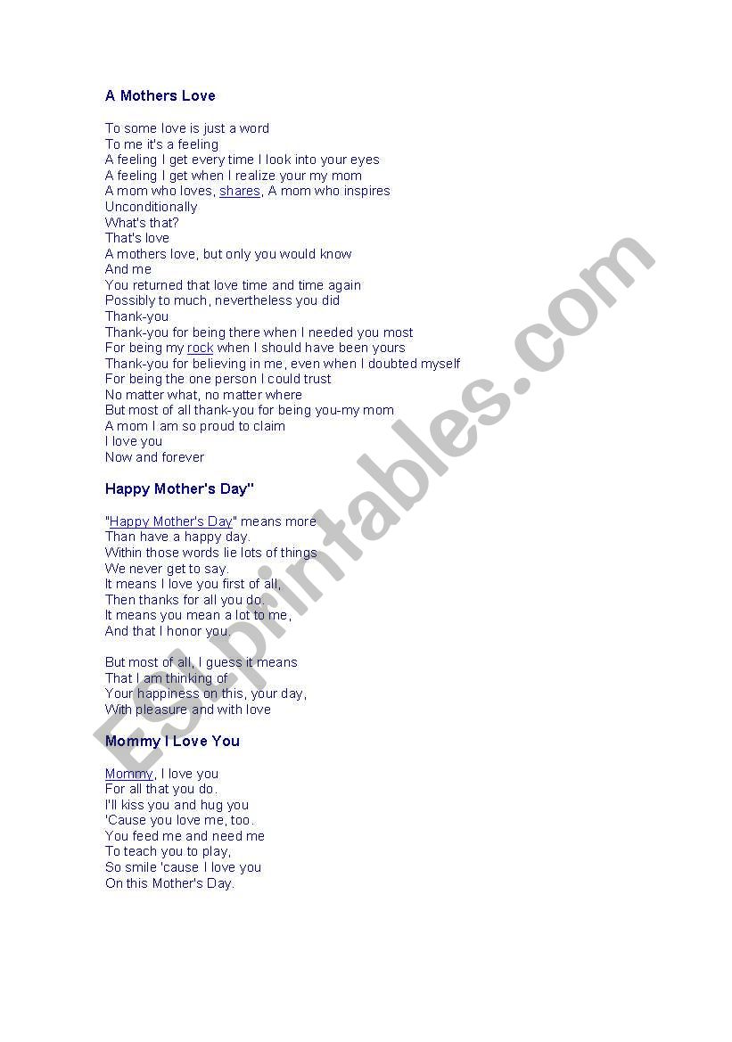 MOTHERS DAY POEM worksheet