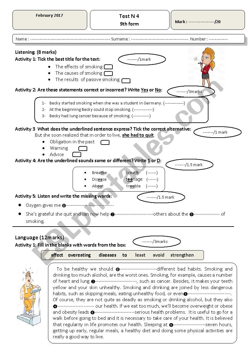 smoking and health worksheet