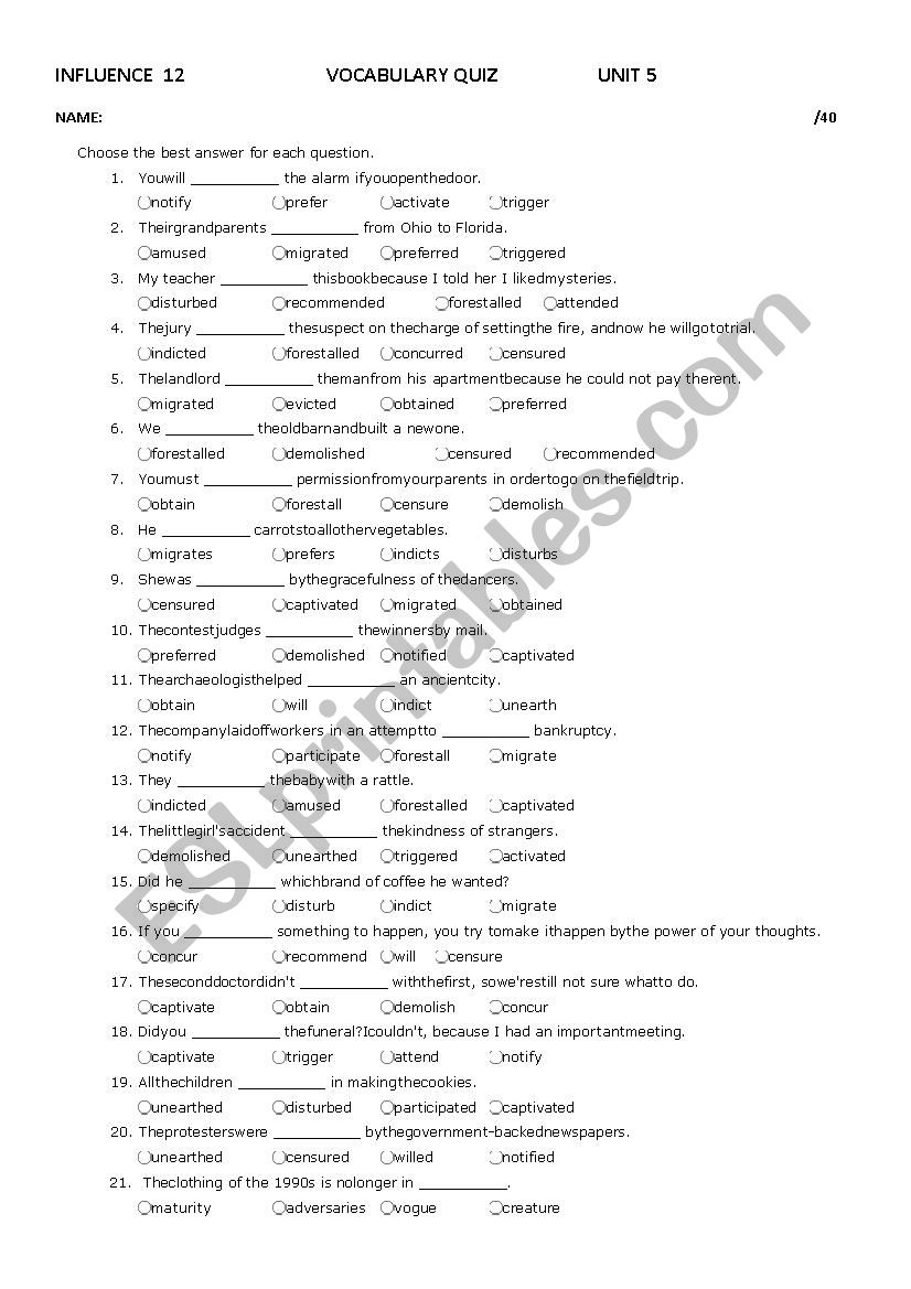 Influence 12 Unit 5 Vocabulary Quiz