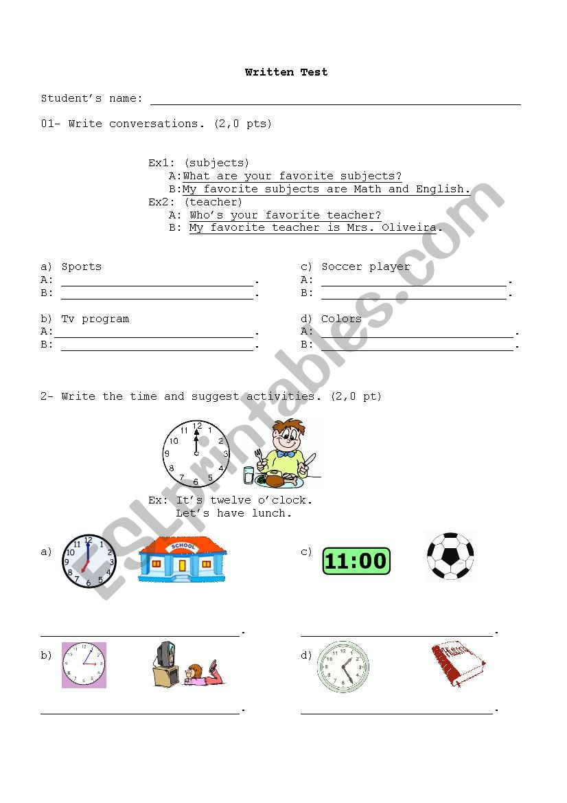 Written test_Occupations, Numbers, Lets and school subjects