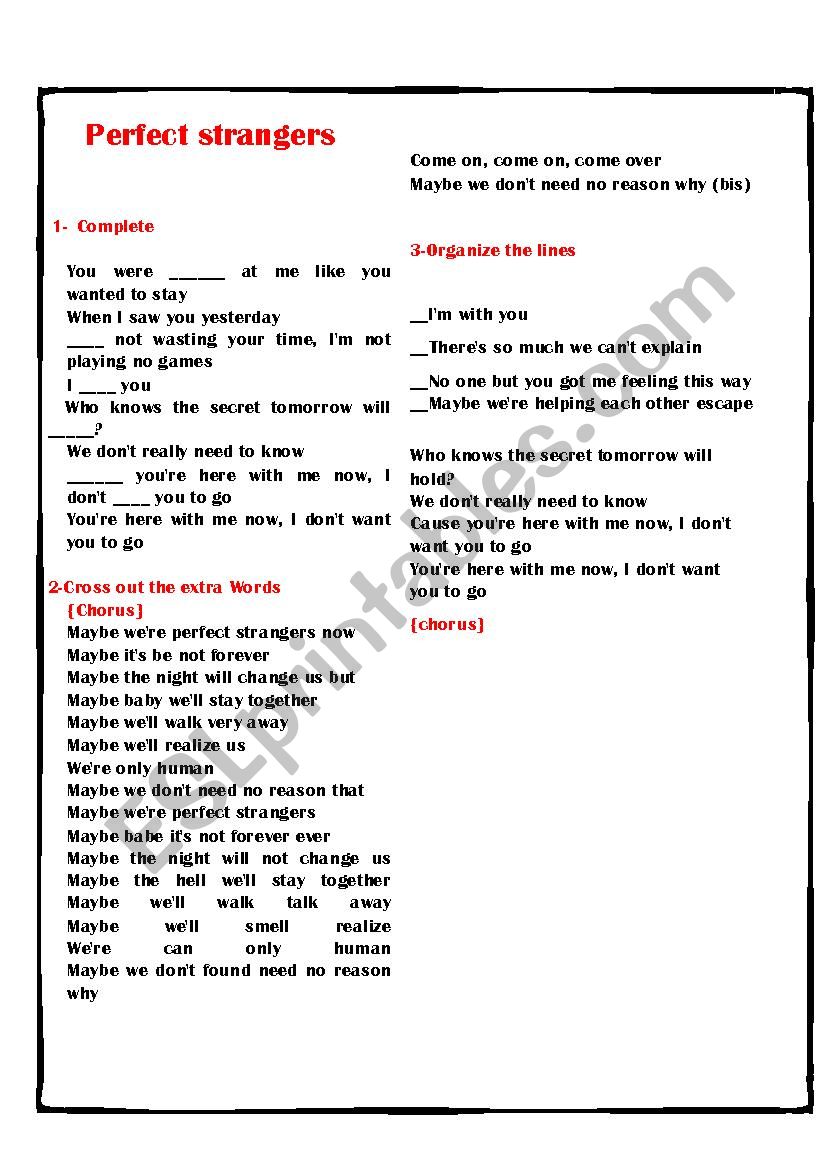 Perfect Strangers Song worksheet