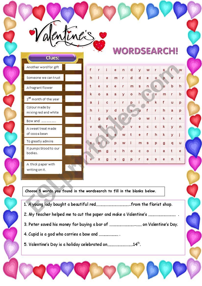 Valentines Wordsearch worksheet