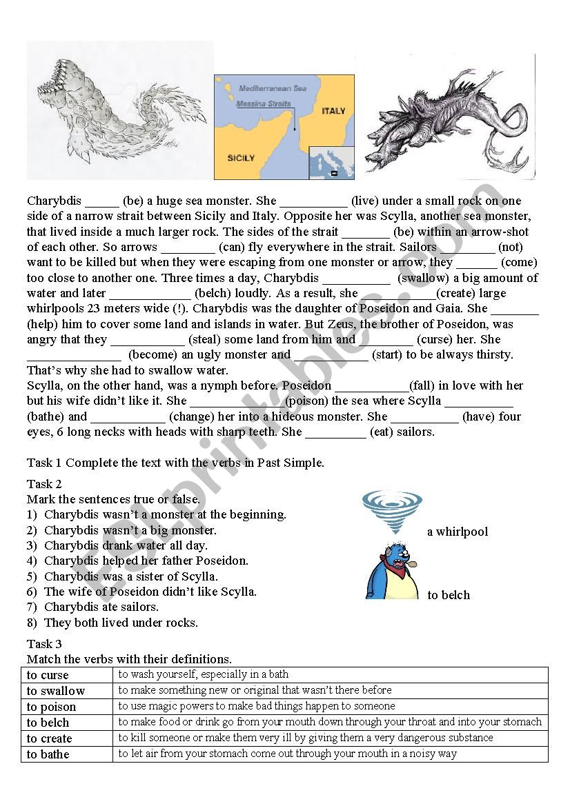 Scylla and Charybdis - reading and grammar - ESL worksheet by Darek