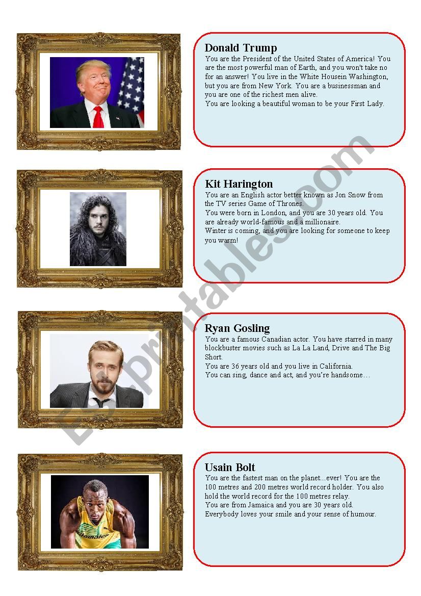 Celebrity speed dating - guys worksheet