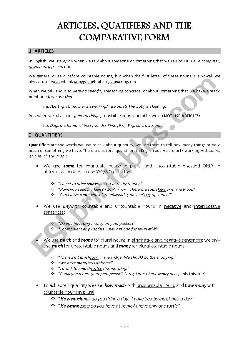 ARTICLES AND QUANTIFIERS worksheet
