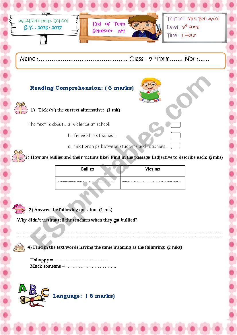 9th form test worksheet