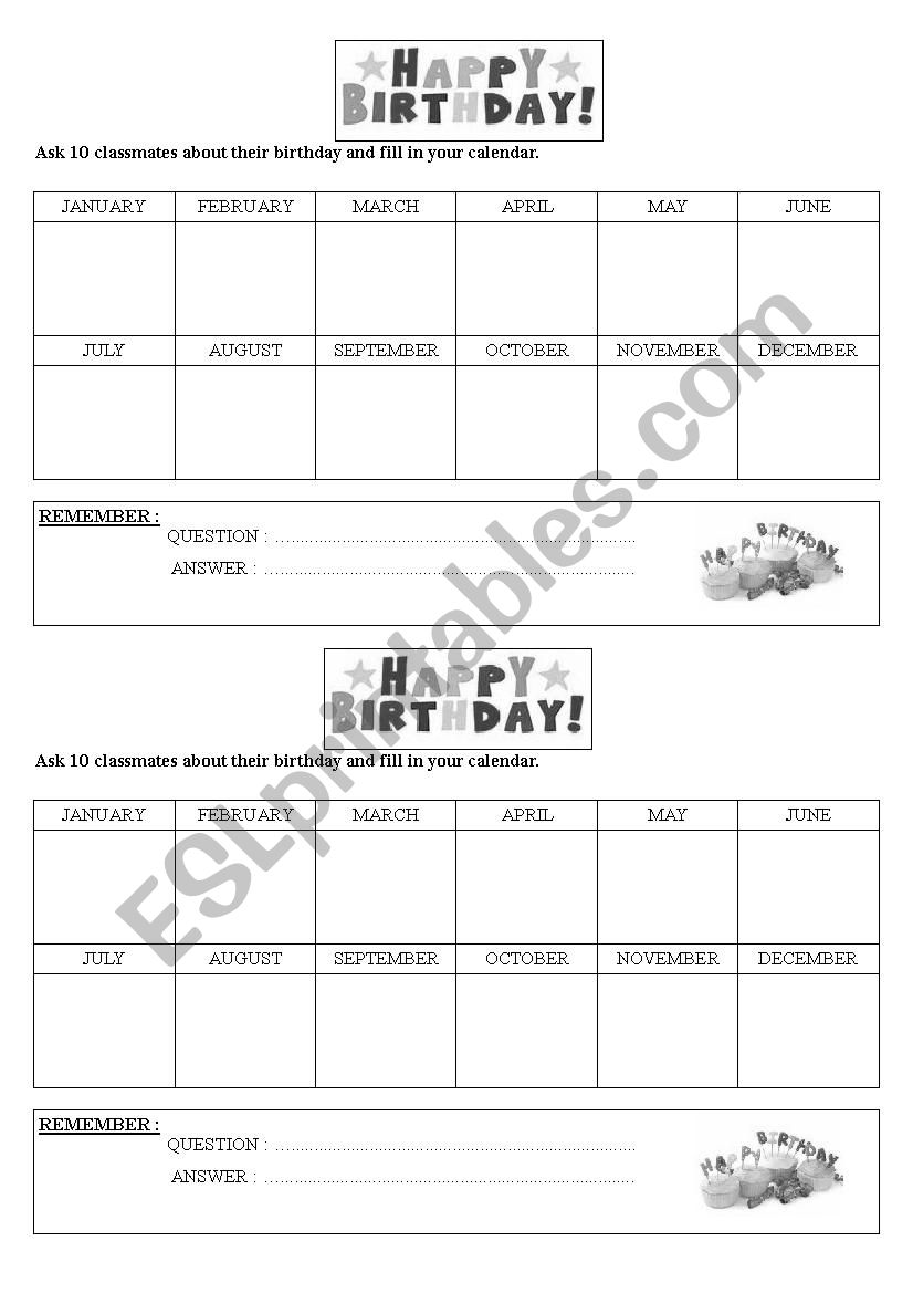 Birthday calendar worksheet